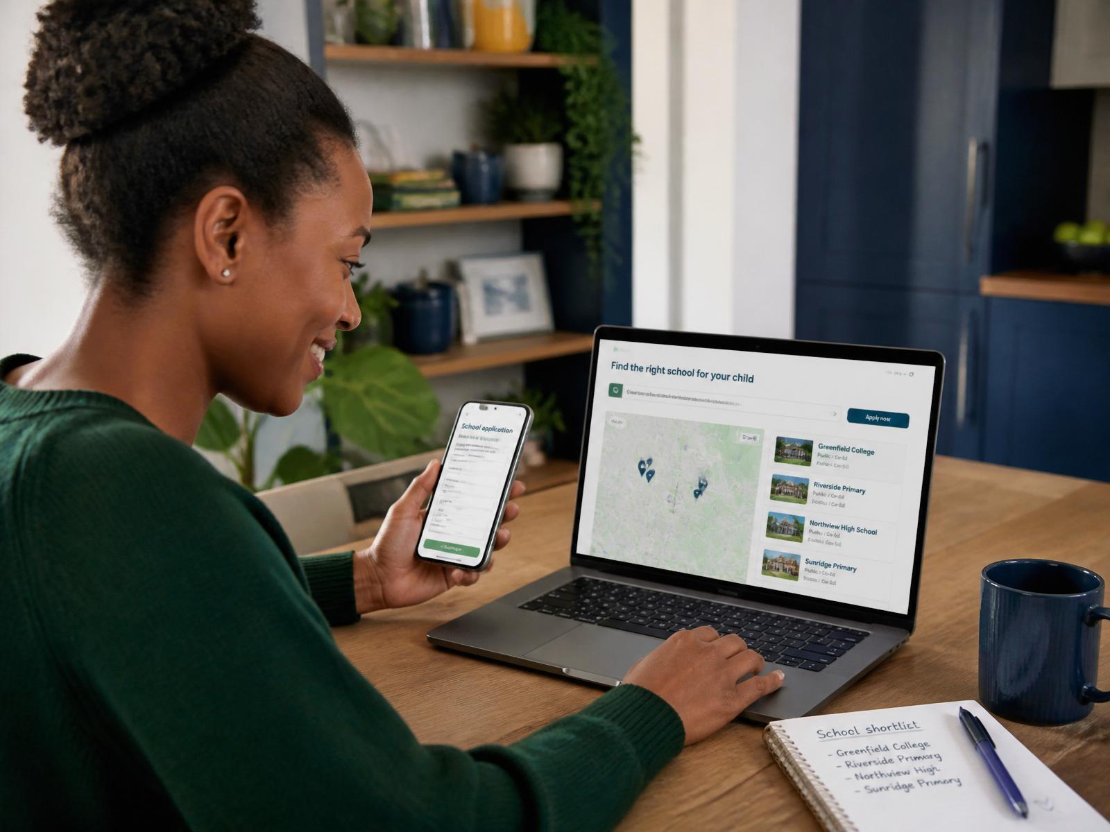 A South African parent using a laptop and phone to search for schools and apply online